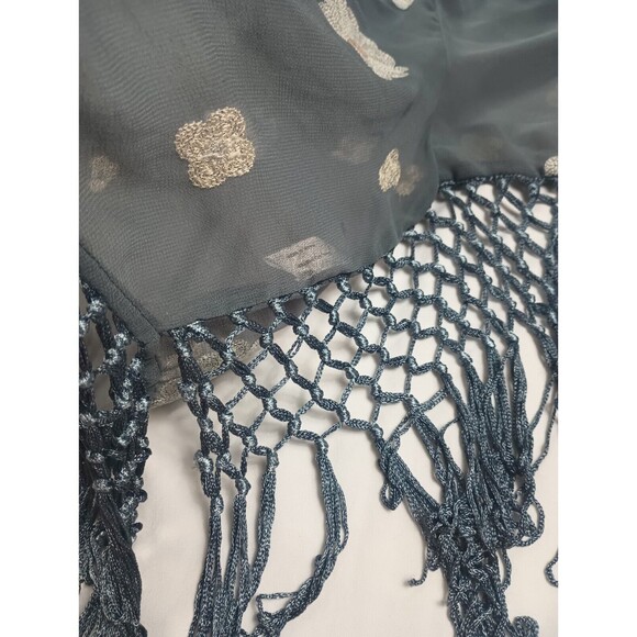 Hagel Sz L Gray Chiffon Open Front Cover Up Top Floral Kimono Tasseled - Picture 10 of 12